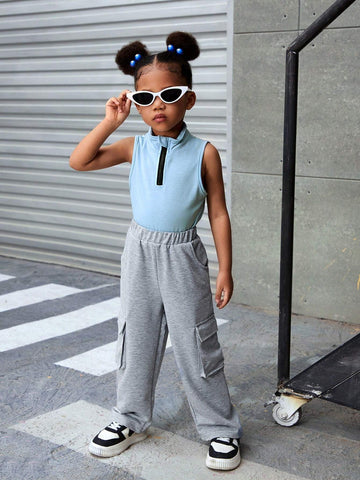 Streecool Kids Girls' Stand Collar Sleeveless Top With Half Zipper + Casual Sports Pants With Big Pockets, 2pcs/Set