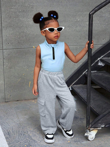 Streecool Kids Girls' Stand Collar Sleeveless Top With Half Zipper + Casual Sports Pants With Big Pockets, 2pcs/Set