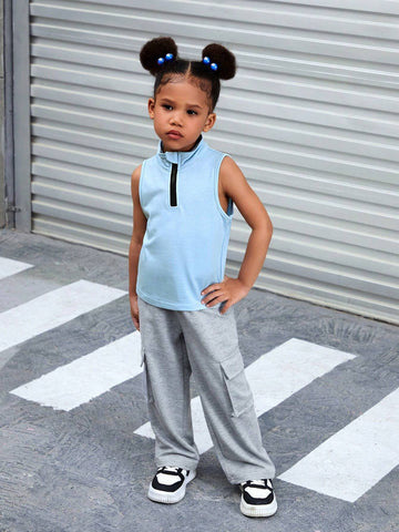 Streecool Kids Girls' Stand Collar Sleeveless Top With Half Zipper + Casual Sports Pants With Big Pockets, 2pcs/Set