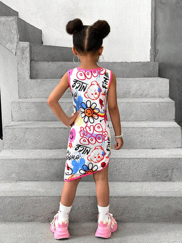 Streecool Kids Girls' Street Fashion Graffiti Pattern Asymmetrical Hem Contrast Trim Bodycon Dress