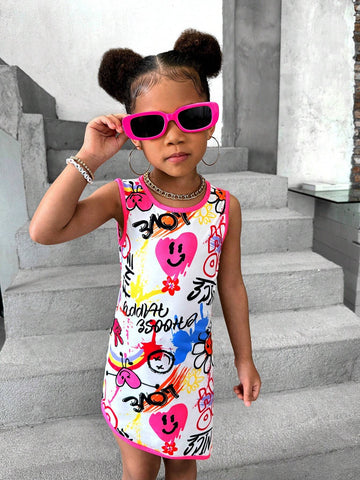 Streecool Kids Girls' Street Fashion Graffiti Pattern Asymmetrical Hem Contrast Trim Bodycon Dress