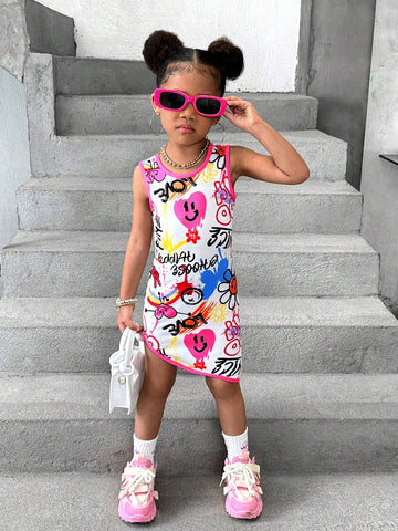 Streecool Kids Girls' Street Fashion Graffiti Pattern Asymmetrical Hem Contrast Trim Bodycon Dress