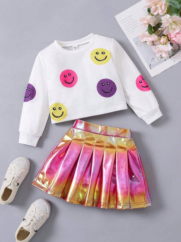Streecool Kids Girls Y2K Style Colorful Smiling Face Print Crewneck Sweatshirt + Metallic Pleated Mini Skirt Set, Suitable For Autumn, Winter, Daily Wear, Party, Sports, Street