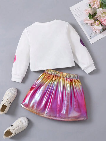 Streecool Kids Girls Y2K Style Colorful Smiling Face Print Crewneck Sweatshirt + Metallic Pleated Mini Skirt Set, Suitable For Autumn, Winter, Daily Wear, Party, Sports, Street