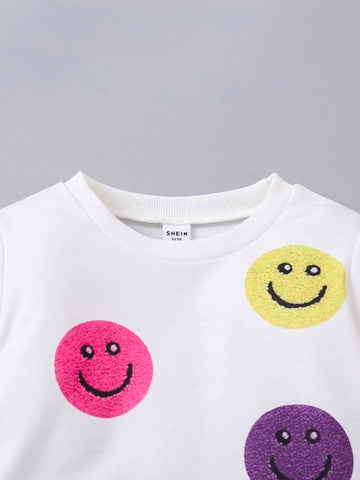 Streecool Kids Girls Y2K Style Colorful Smiling Face Print Crewneck Sweatshirt + Metallic Pleated Mini Skirt Set, Suitable For Autumn, Winter, Daily Wear, Party, Sports, Street