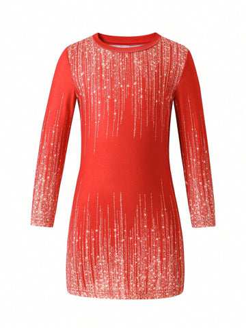 Streecool Kids Matching Girl & Mom Sequin & Floral Print Knit Round Neck Long Sleeve Fitted Mini Dress