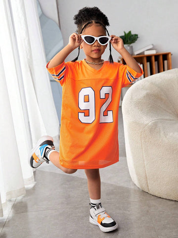 Mommy And Me Matching Outfits For Young Girls - Knitted Cool Street Style Sporty Numeric American Academy Oversized Hip-Hop V-Neck T-Shirt And Orange Jersey Summer, Fall, Sports, Streetwear, Mother-Daughter Outfits, And Athletic Events.