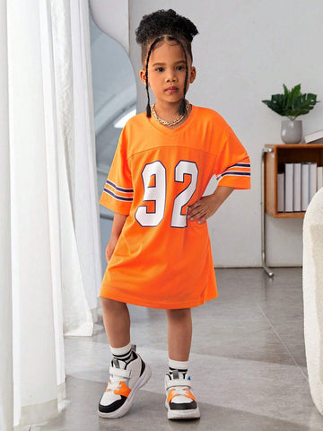 Mommy And Me Matching Outfits For Young Girls - Knitted Cool Street Style Sporty Numeric American Academy Oversized Hip-Hop V-Neck T-Shirt And Orange Jersey Summer, Fall, Sports, Streetwear, Mother-Daughter Outfits, And Athletic Events.