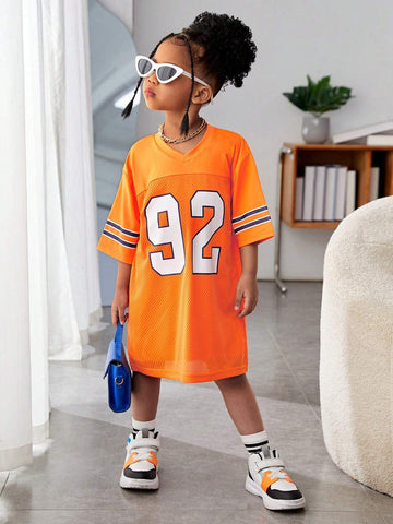 Mommy And Me Matching Outfits For Young Girls - Knitted Cool Street Style Sporty Numeric American Academy Oversized Hip-Hop V-Neck T-Shirt And Orange Jersey Summer, Fall, Sports, Streetwear, Mother-Daughter Outfits, And Athletic Events.