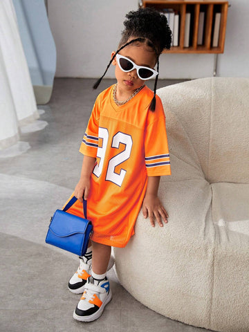 Mommy And Me Matching Outfits For Young Girls - Knitted Cool Street Style Sporty Numeric American Academy Oversized Hip-Hop V-Neck T-Shirt And Orange Jersey Summer, Fall, Sports, Streetwear, Mother-Daughter Outfits, And Athletic Events.