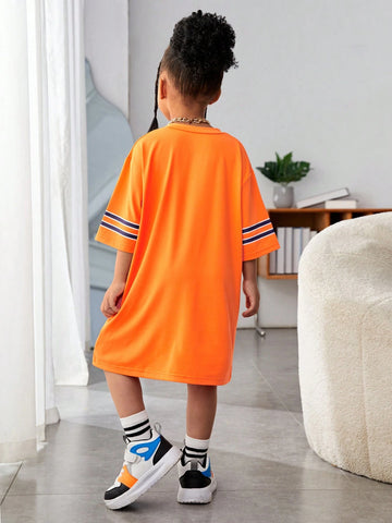 Mommy And Me Matching Outfits For Young Girls - Knitted Cool Street Style Sporty Numeric American Academy Oversized Hip-Hop V-Neck T-Shirt And Orange Jersey Summer, Fall, Sports, Streetwear, Mother-Daughter Outfits, And Athletic Events.
