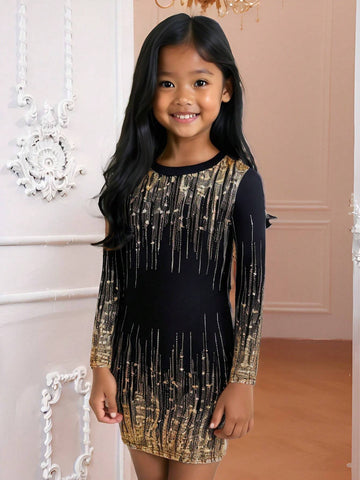 Streecool Kids Mommy And Me Metallic Sequin Print Knitted Mini Dress, Elegant Party/Evening Dress, Family Gathering Matching Outfits For Young Girl
