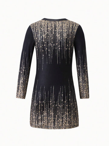 Streecool Kids Mommy And Me Metallic Sequin Print Knitted Mini Dress, Elegant Party/Evening Dress, Family Gathering Matching Outfits For Young Girl