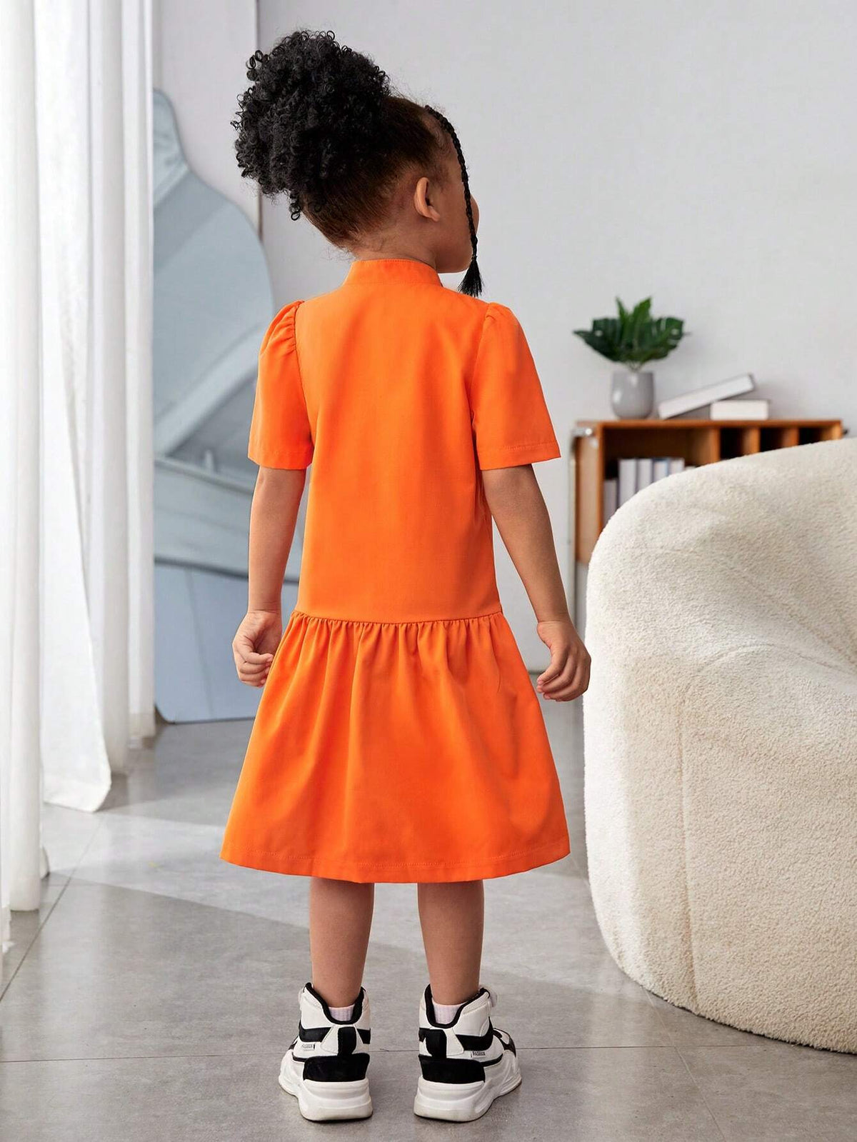 Streecool Kids Orange Stand Collar Dress For Little Girls Suitable For Outdoor Travel, Activities, And Playtime, Perfect For Spring And Summer Seasons.