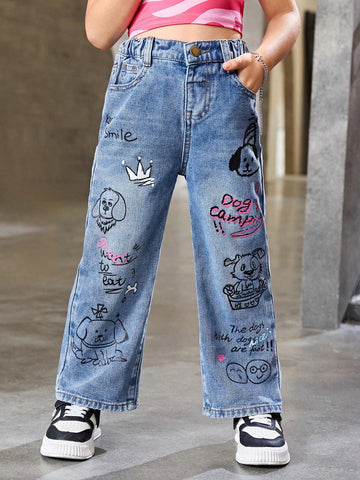 Streecool Kids Teen Girls' Sweet And Cool Graffiti Letter Dog Printed Loose Straight Leg Denim Jeans
