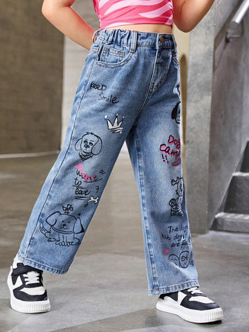 Streecool Kids Teen Girls' Sweet And Cool Graffiti Letter Dog Printed Loose Straight Leg Denim Jeans