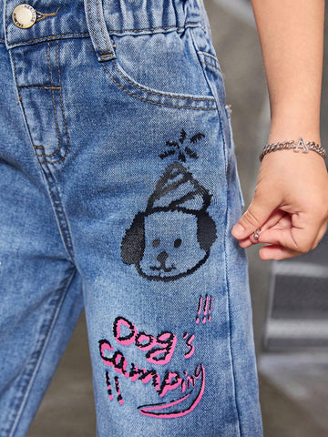 Streecool Kids Teen Girls' Sweet And Cool Graffiti Letter Dog Printed Loose Straight Leg Denim Jeans