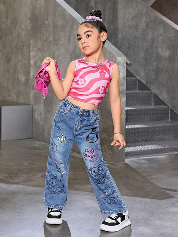 Streecool Kids Teen Girls' Sweet And Cool Graffiti Letter Dog Printed Loose Straight Leg Denim Jeans