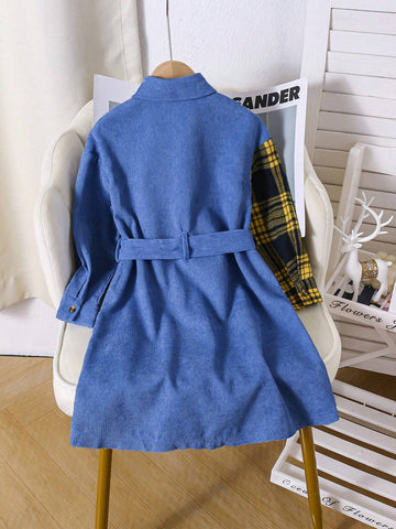 Streecool Kids Toddler Girls Casual All-Match Fashion Trendy Plaid Patchwork Corduroy Pocket Shirt Dress, Suitable For Autumn, Winter, Daily, School, Streetwear