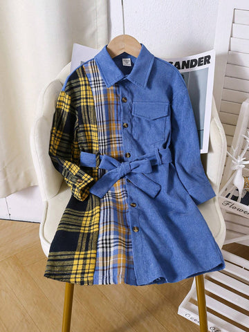 Streecool Kids Toddler Girls Casual All-Match Fashion Trendy Plaid Patchwork Corduroy Pocket Shirt Dress, Suitable For Autumn, Winter, Daily, School, Streetwear