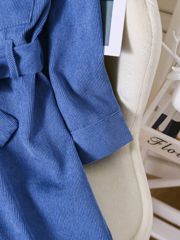 Streecool Kids Toddler Girls Casual All-Match Fashion Trendy Plaid Patchwork Corduroy Pocket Shirt Dress, Suitable For Autumn, Winter, Daily, School, Streetwear