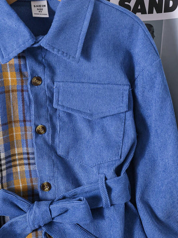 Streecool Kids Toddler Girls Casual All-Match Fashion Trendy Plaid Patchwork Corduroy Pocket Shirt Dress, Suitable For Autumn, Winter, Daily, School, Streetwear