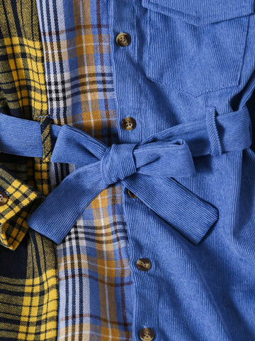 Streecool Kids Toddler Girls Casual All-Match Fashion Trendy Plaid Patchwork Corduroy Pocket Shirt Dress, Suitable For Autumn, Winter, Daily, School, Streetwear