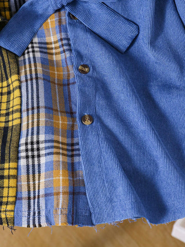 Streecool Kids Toddler Girls Casual All-Match Fashion Trendy Plaid Patchwork Corduroy Pocket Shirt Dress, Suitable For Autumn, Winter, Daily, School, Streetwear