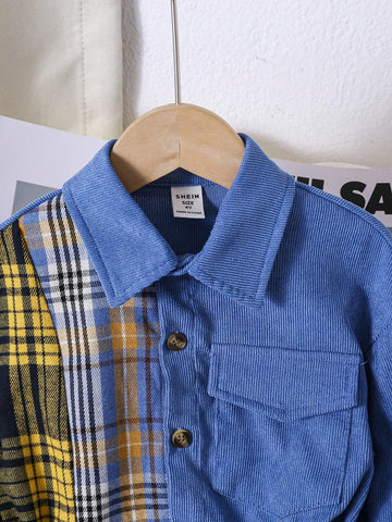 Streecool Kids Toddler Girls Casual All-Match Fashion Trendy Plaid Patchwork Corduroy Pocket Shirt Dress, Suitable For Autumn, Winter, Daily, School, Streetwear