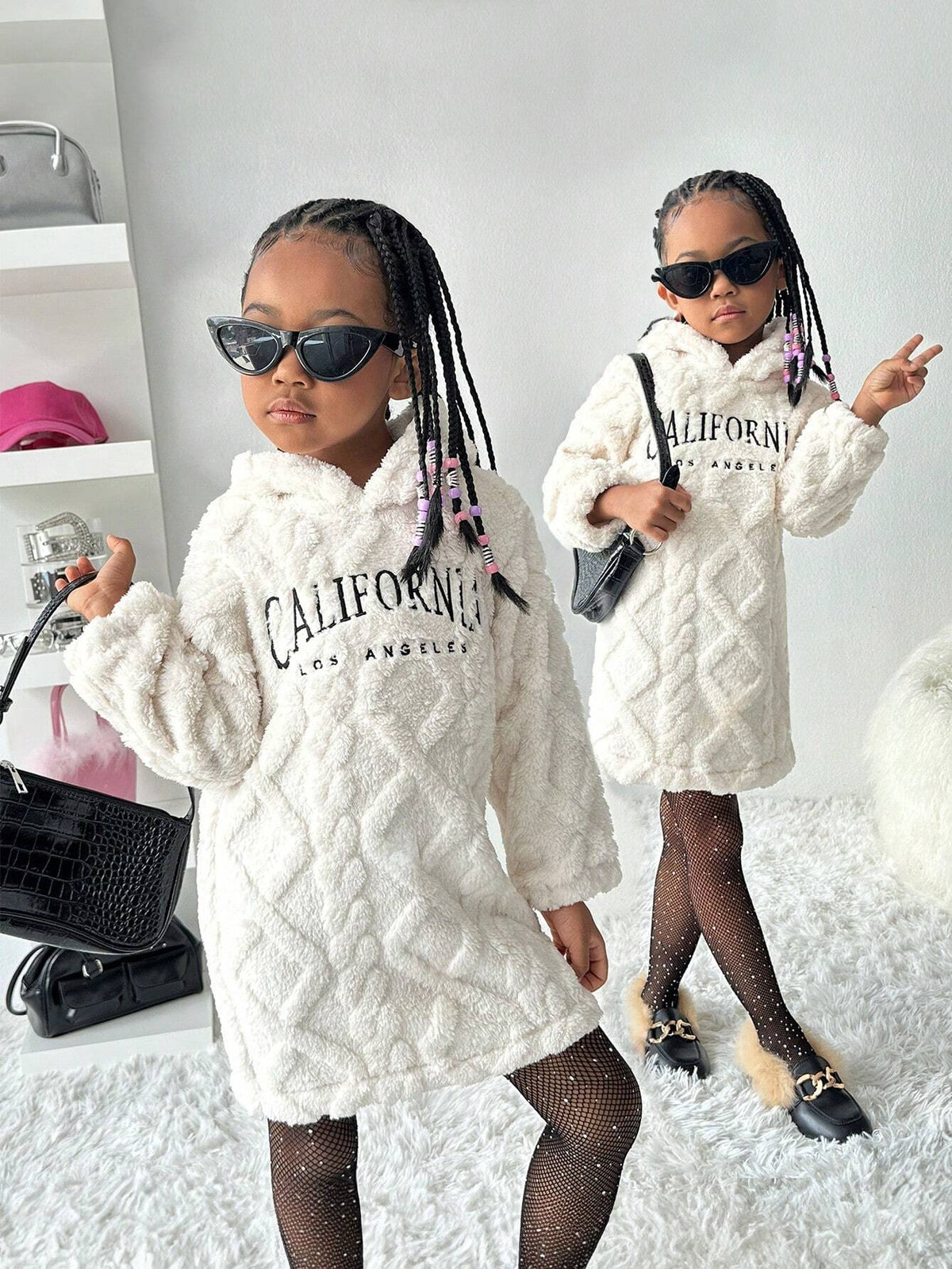 Streecool Kids And Young Girl's Casual Textured Fleece Hooded Sweatshirt Dress, White, Suitable For Outdoor, Daily, And Leisure Occasions