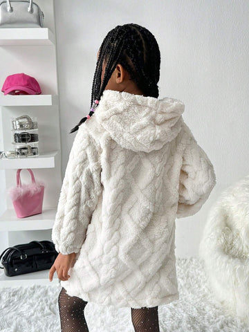 Streecool Kids And Young Girl's Casual Textured Fleece Hooded Sweatshirt Dress, White, Suitable For Outdoor, Daily, And Leisure Occasions