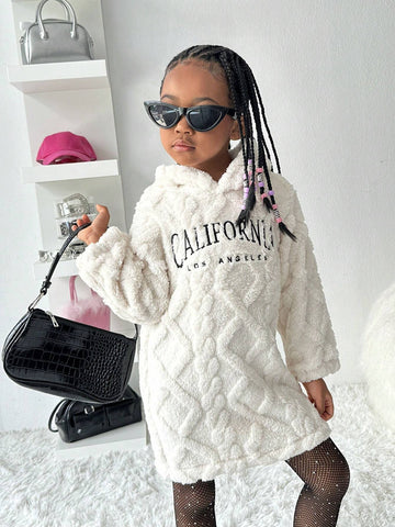 Streecool Kids And Young Girl's Casual Textured Fleece Hooded Sweatshirt Dress, White, Suitable For Outdoor, Daily, And Leisure Occasions