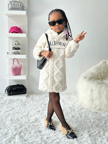 Streecool Kids And Young Girl's Casual Textured Fleece Hooded Sweatshirt Dress, White, Suitable For Outdoor, Daily, And Leisure Occasions