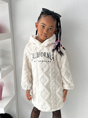 Streecool Kids And Young Girl's Casual Textured Fleece Hooded Sweatshirt Dress, White, Suitable For Outdoor, Daily, And Leisure Occasions