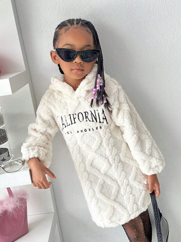 Streecool Kids And Young Girl's Casual Textured Fleece Hooded Sweatshirt Dress, White, Suitable For Outdoor, Daily, And Leisure Occasions
