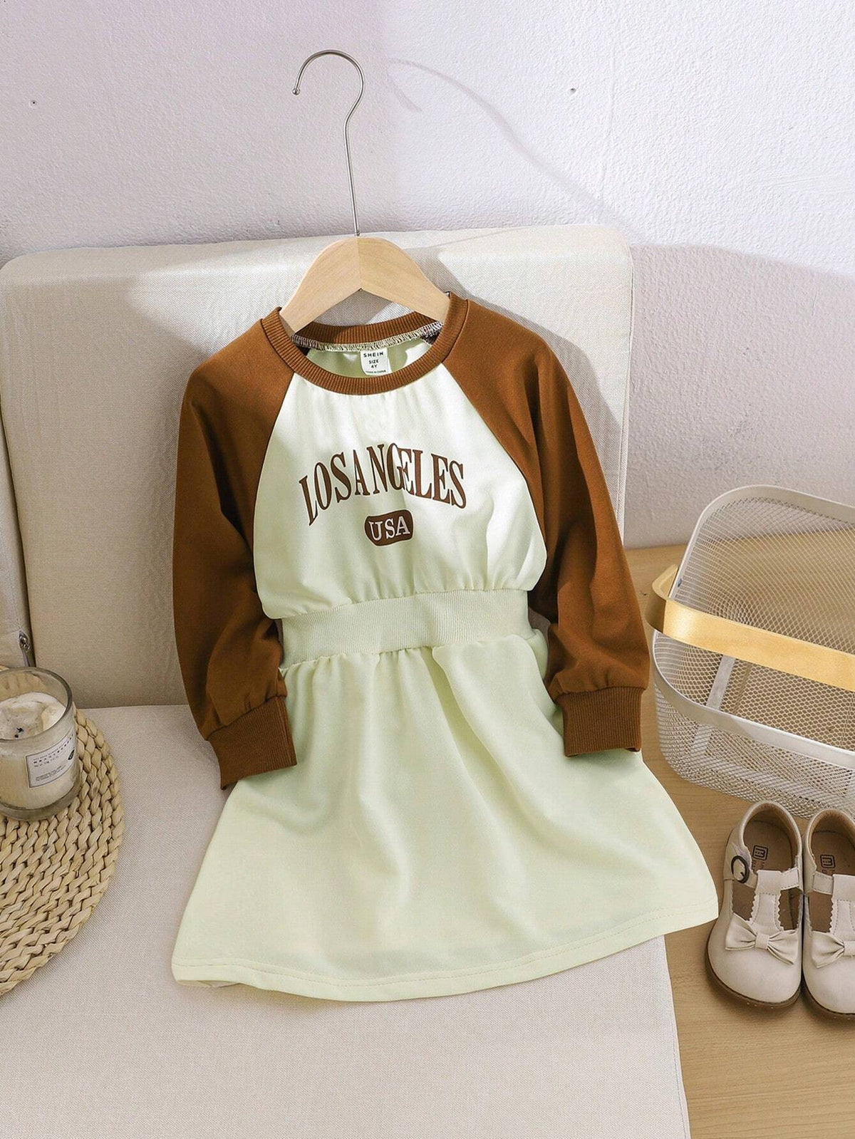 Streecool Kids Young Girl Apricot & Brown Vintage American Style Letter Printed Casual Dress