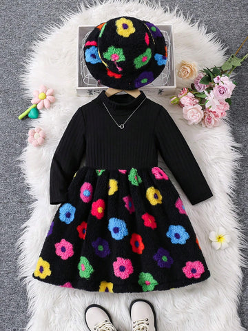 Streecool Kids Young Girl' Casual Multi-Color Floral Patchwork Knitted High Neck Sweater Dress With Faux Fur Bucket Hat