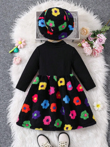 Streecool Kids Young Girl' Casual Multi-Color Floral Patchwork Knitted High Neck Sweater Dress With Faux Fur Bucket Hat