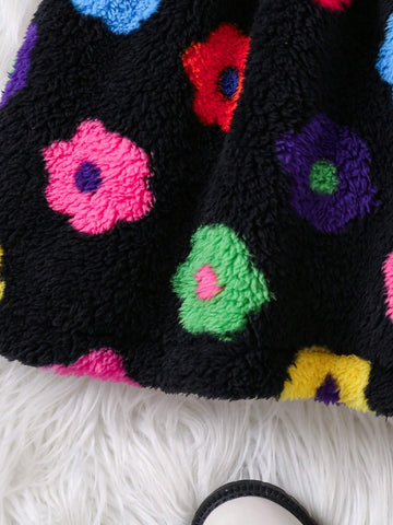 Streecool Kids Young Girl' Casual Multi-Color Floral Patchwork Knitted High Neck Sweater Dress With Faux Fur Bucket Hat