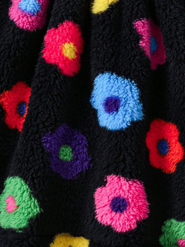 Streecool Kids Young Girl' Casual Multi-Color Floral Patchwork Knitted High Neck Sweater Dress With Faux Fur Bucket Hat