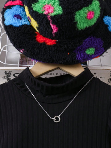 Streecool Kids Young Girl' Casual Multi-Color Floral Patchwork Knitted High Neck Sweater Dress With Faux Fur Bucket Hat