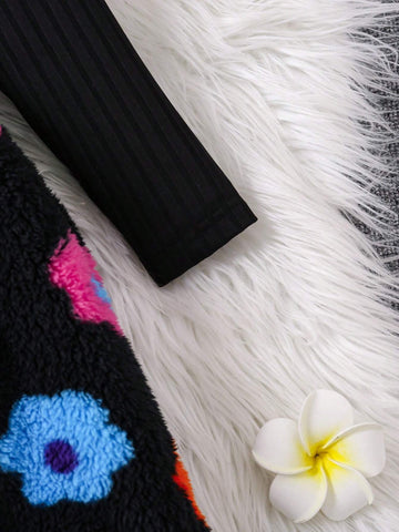 Streecool Kids Young Girl' Casual Multi-Color Floral Patchwork Knitted High Neck Sweater Dress With Faux Fur Bucket Hat