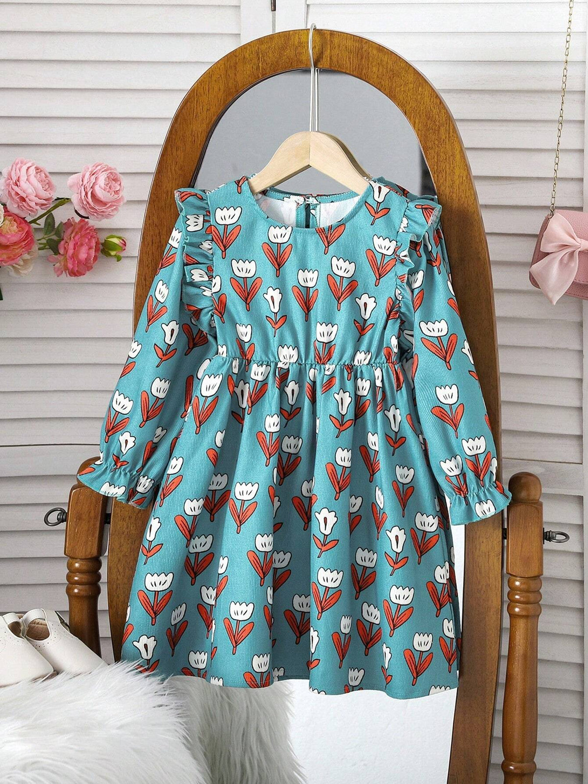 Streecool Kids Young Girl Green Floral Print Corduroy Dress, Warm And Comfortable Casual Dress, Suitable For Spring, Autumn And Winter