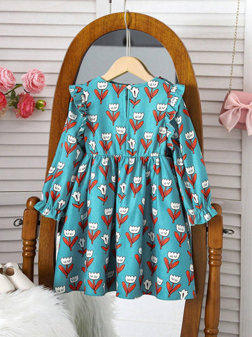 Streecool Kids Young Girl Green Floral Print Corduroy Dress, Warm And Comfortable Casual Dress, Suitable For Spring, Autumn And Winter