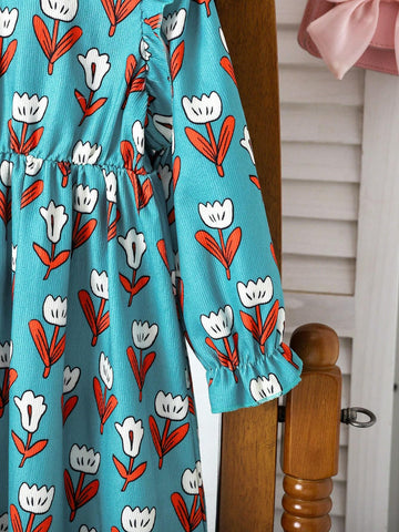 Streecool Kids Young Girl Green Floral Print Corduroy Dress, Warm And Comfortable Casual Dress, Suitable For Spring, Autumn And Winter