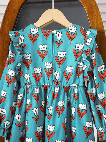 Streecool Kids Young Girl Green Floral Print Corduroy Dress, Warm And Comfortable Casual Dress, Suitable For Spring, Autumn And Winter