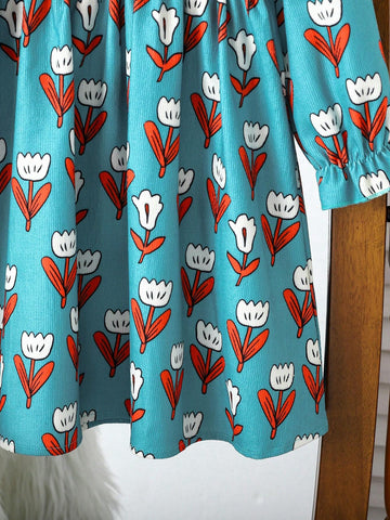 Streecool Kids Young Girl Green Floral Print Corduroy Dress, Warm And Comfortable Casual Dress, Suitable For Spring, Autumn And Winter