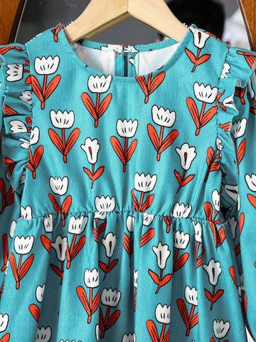 Streecool Kids Young Girl Green Floral Print Corduroy Dress, Warm And Comfortable Casual Dress, Suitable For Spring, Autumn And Winter