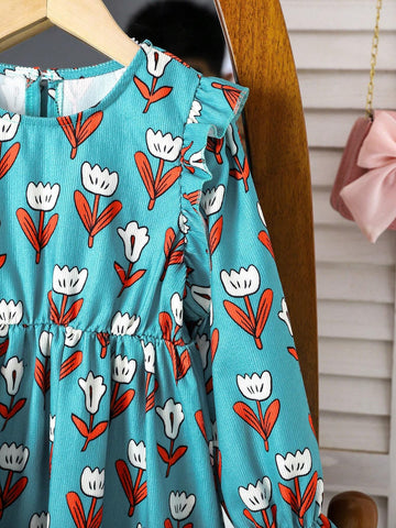 Streecool Kids Young Girl Green Floral Print Corduroy Dress, Warm And Comfortable Casual Dress, Suitable For Spring, Autumn And Winter