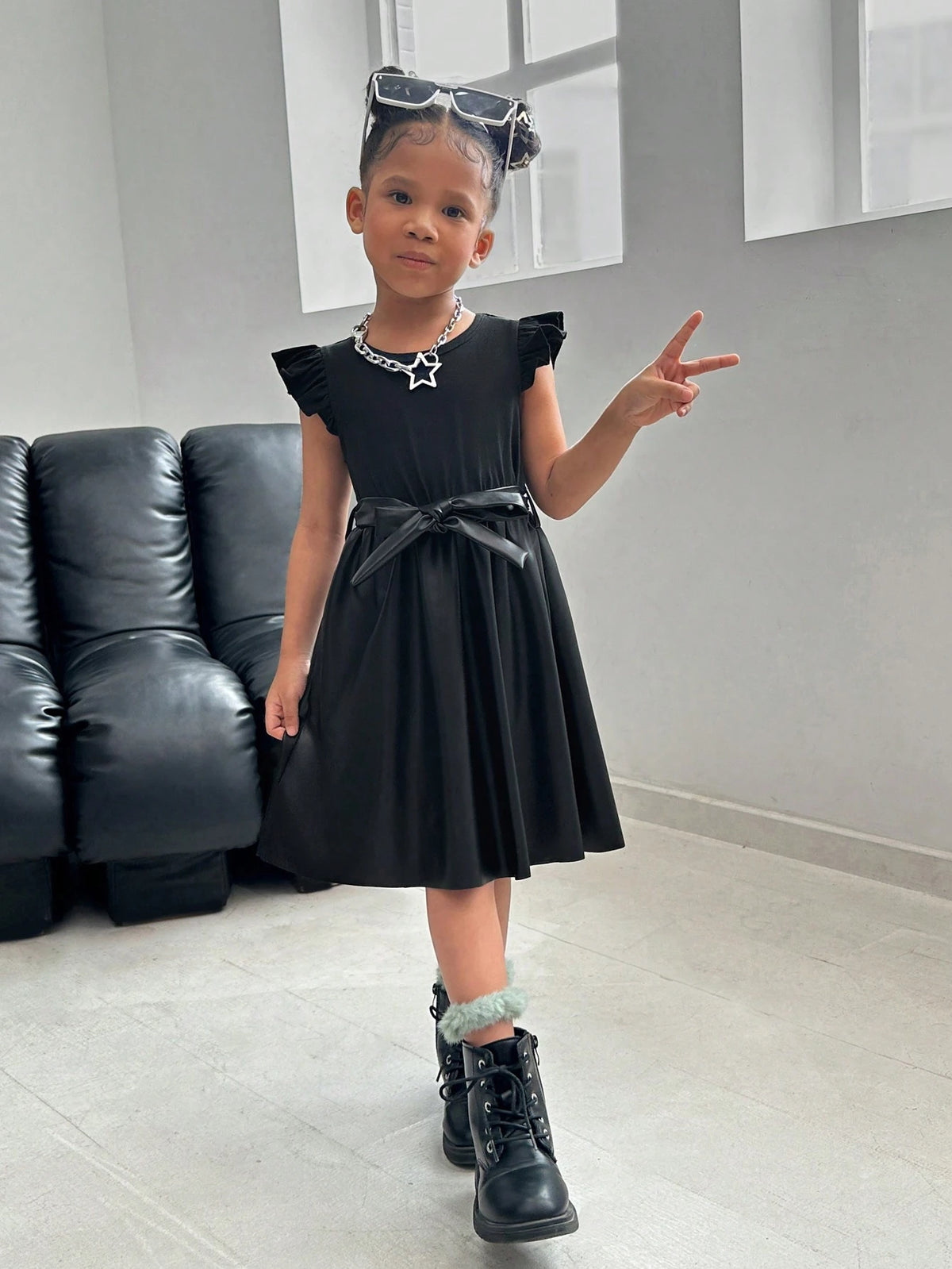 Streecool Kids Young Girl Solid Color Round Neck Cap Sleeve Cute Dress